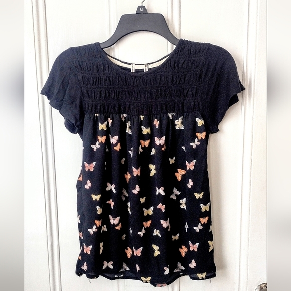 SO Tops - SO Black Top with Colorful Butterfly Print Blouse Size Small